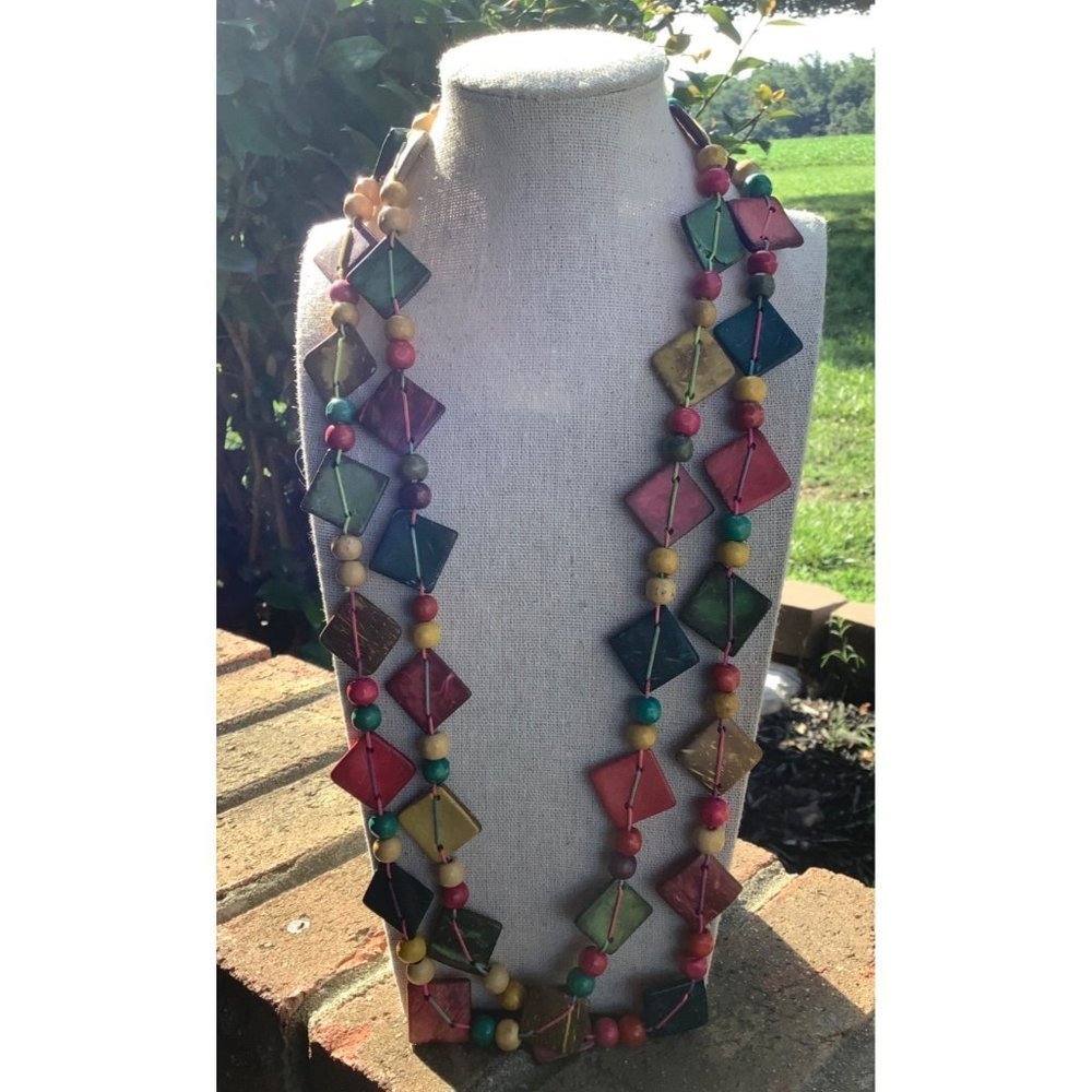 Boho Dyed Wood Triangle Strung Necklace -- 56"